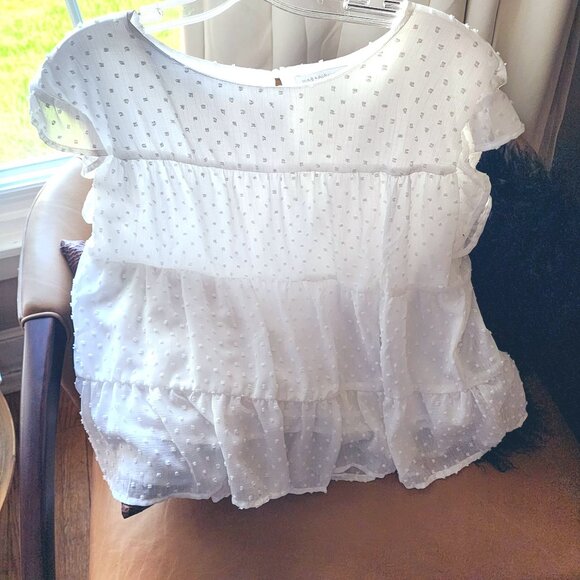 Miss Sparkling Tops - Soft Flowy Classic Swiss-dot Tiered Flutter Sleeve Top in Summer White Sz. XL